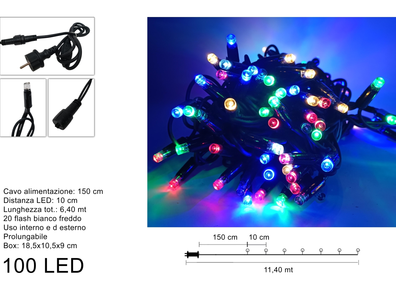CATENA 100LED M.COLOR PROL.F.NERO C/FL.