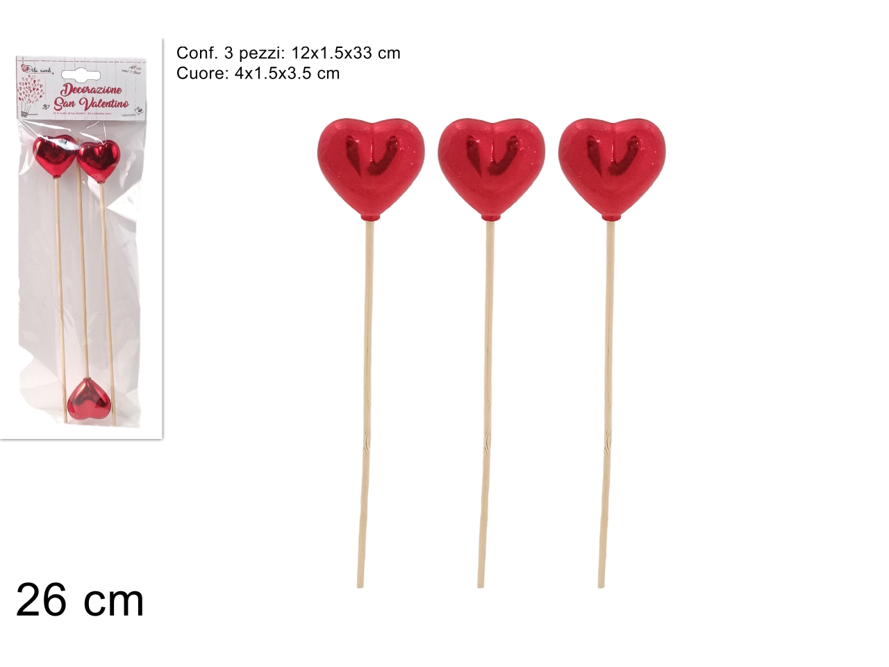 SPILLONI CUORE ROSSO LUCIDO 3PZ 26CM