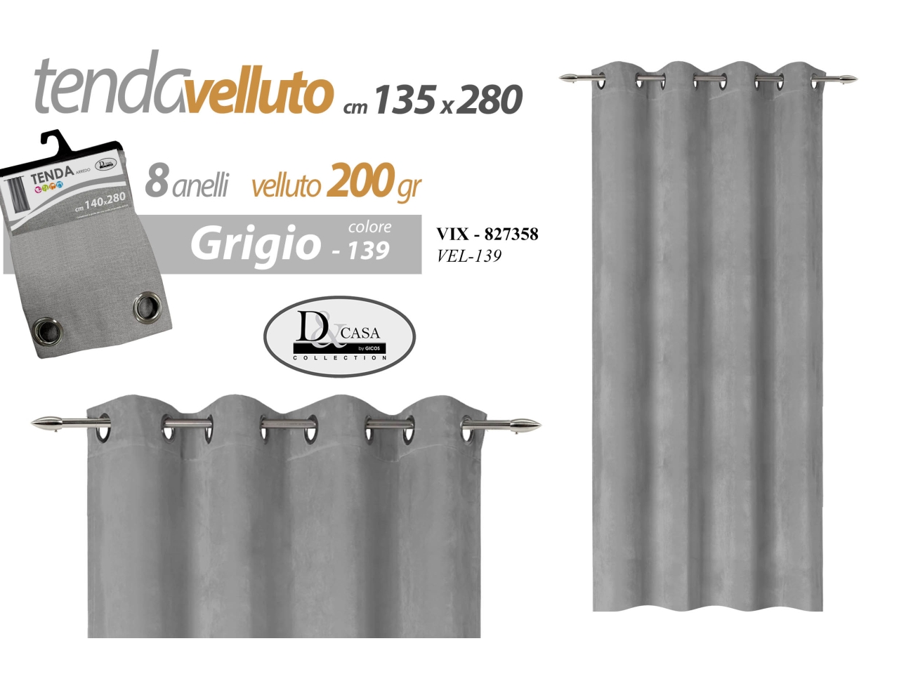 TENDA VELLUTO 135X280CM GRIGIO 827358