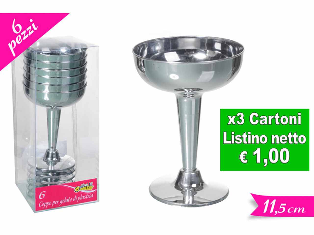 SET 6 COPPE GELATO PLASTICA SILVER 6096