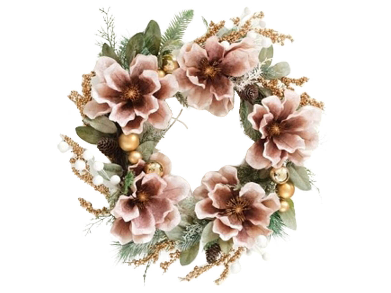 CORONA D50cm C/FIORI C/PIGNE ROSA