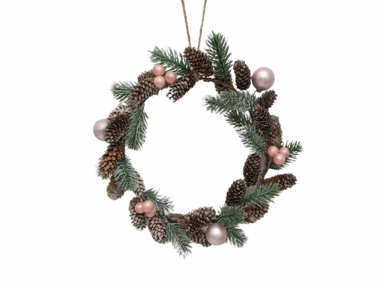 CORONA BACCHE ROSA E PIGNE IN PE D25CM