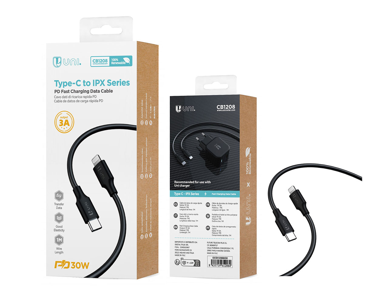 CAVO DATI UNI-C A L 30W 3A NERO 1MT