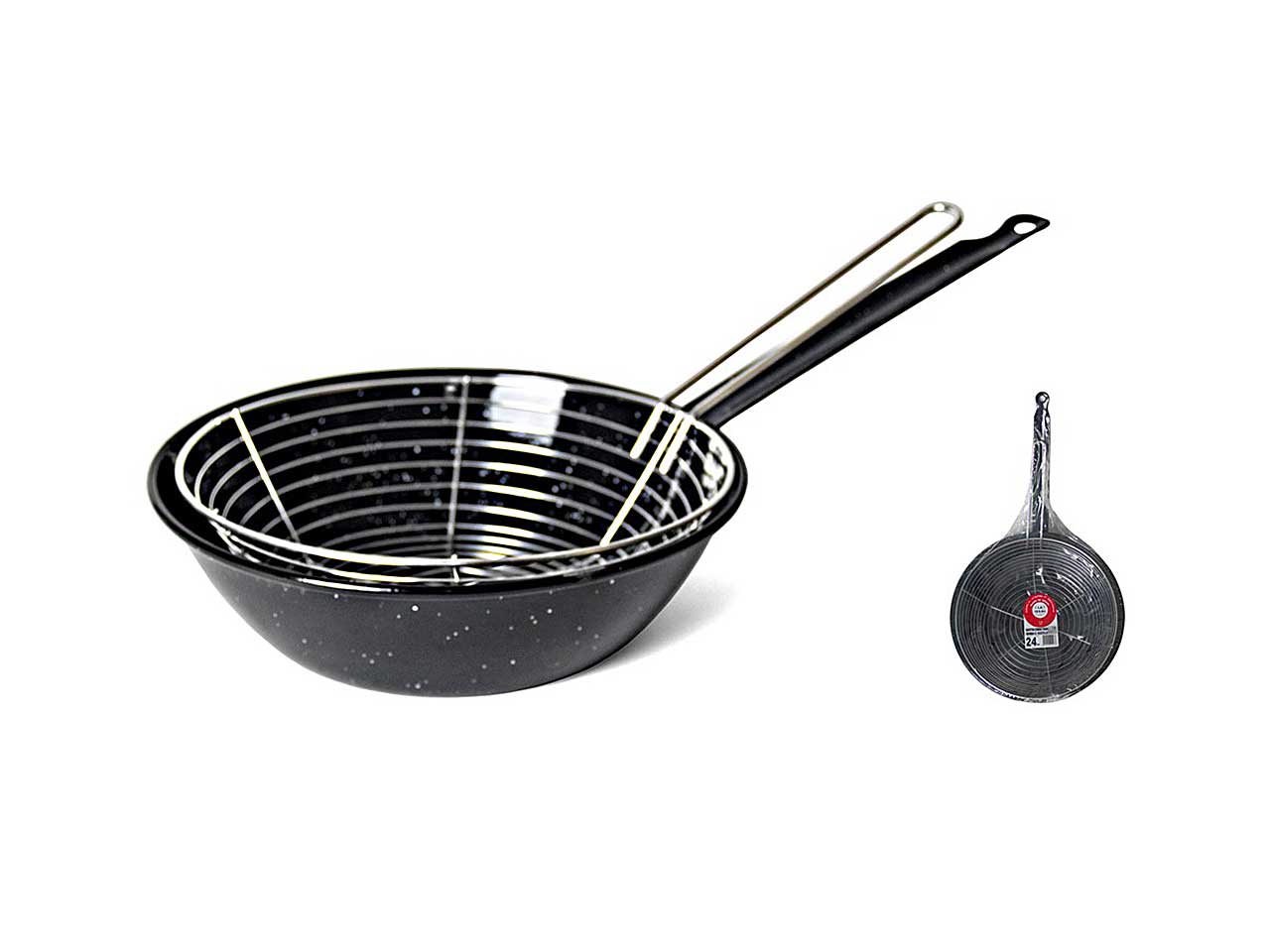 PADELLA SMALTATA CON MANICO E CESTELLO 26CM