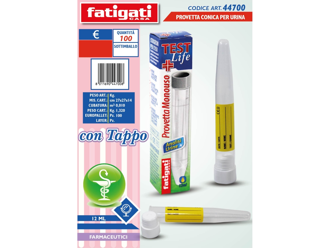 PROVETTA CONICA PER URINA C/TAPPO 44700
