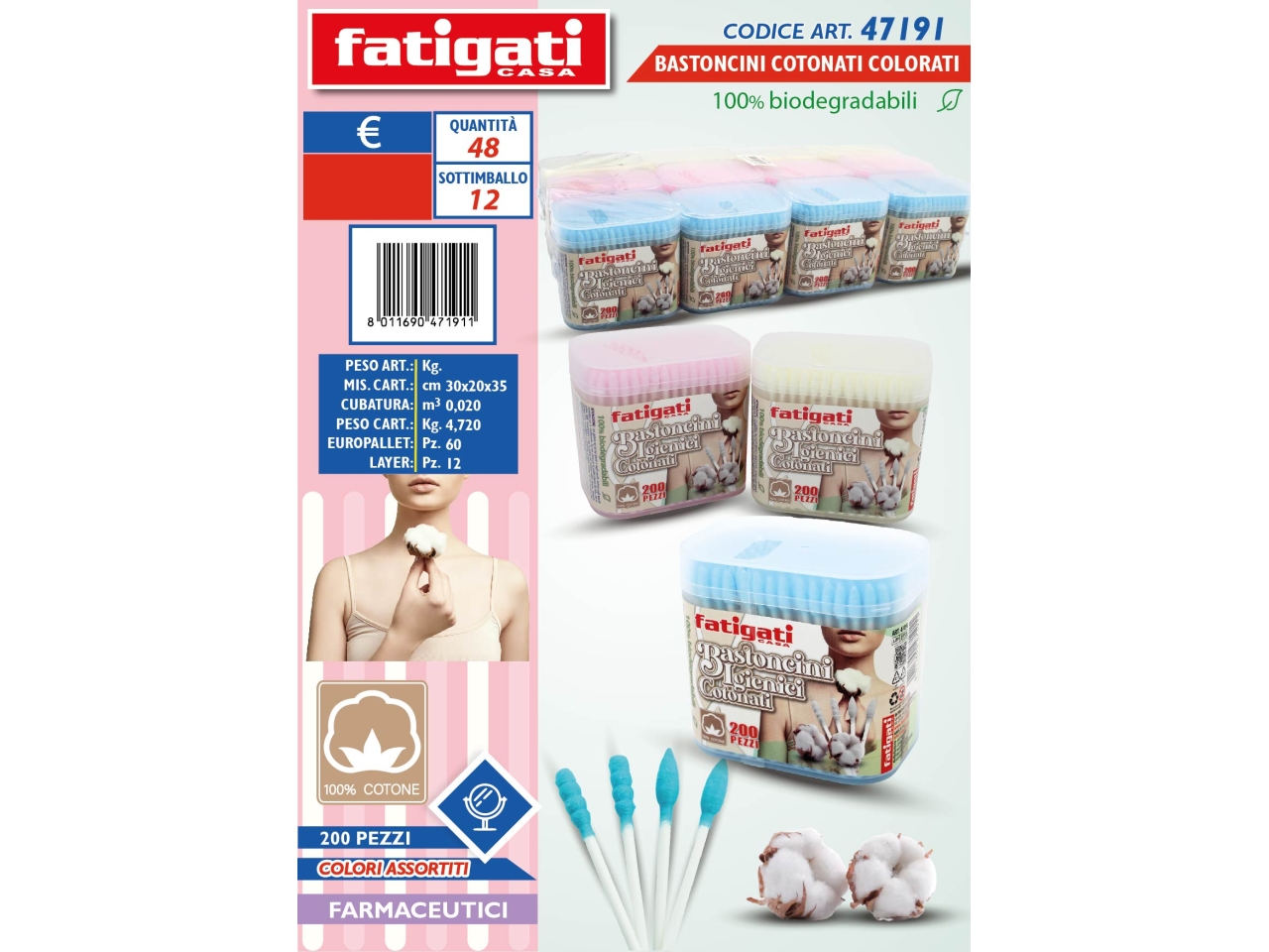 BASTONCINI COTONATI COLORATI 200PZ 47191