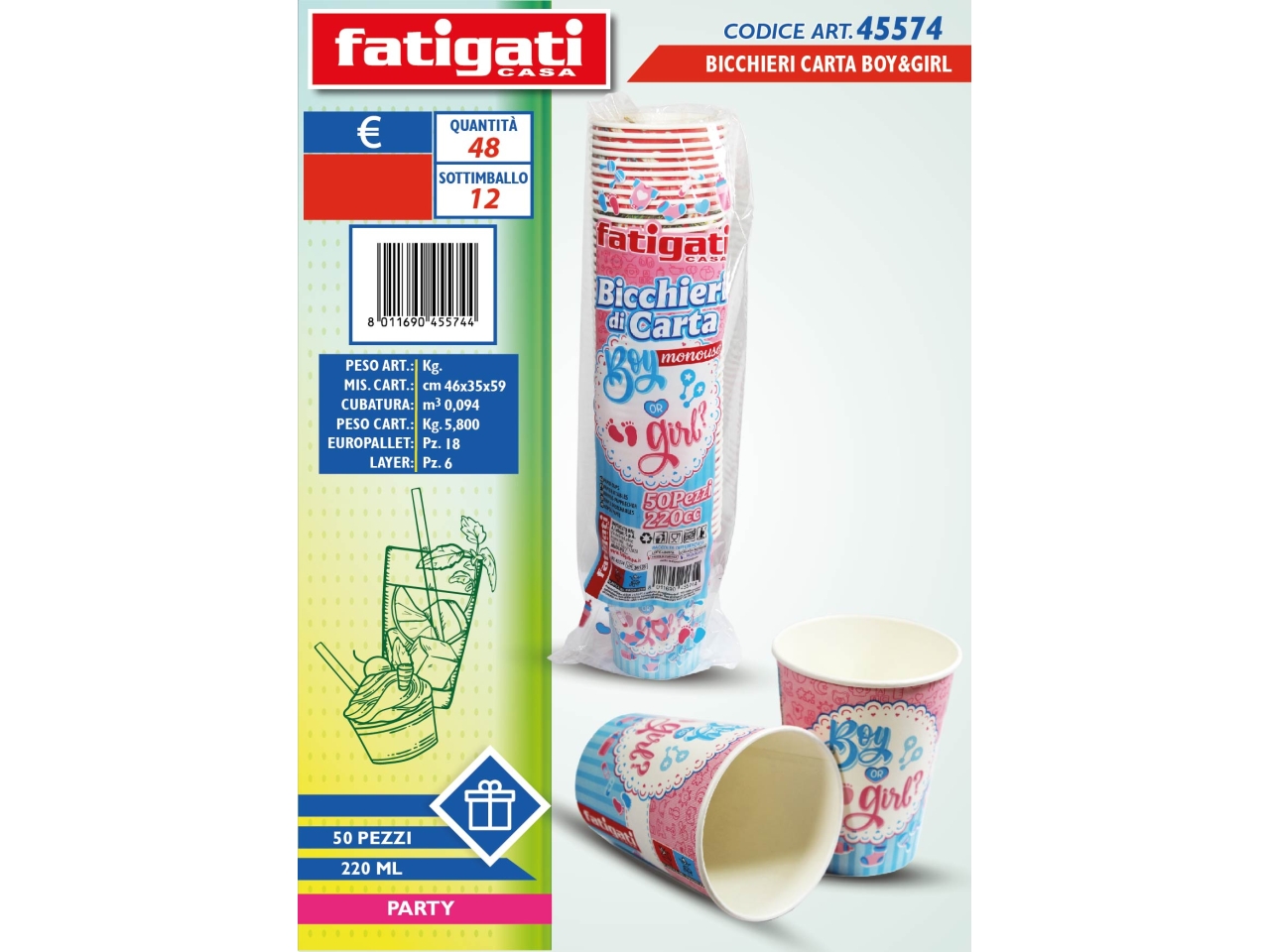 BICCHIERI DI CARTA BOY&GIRL 220CC 45574