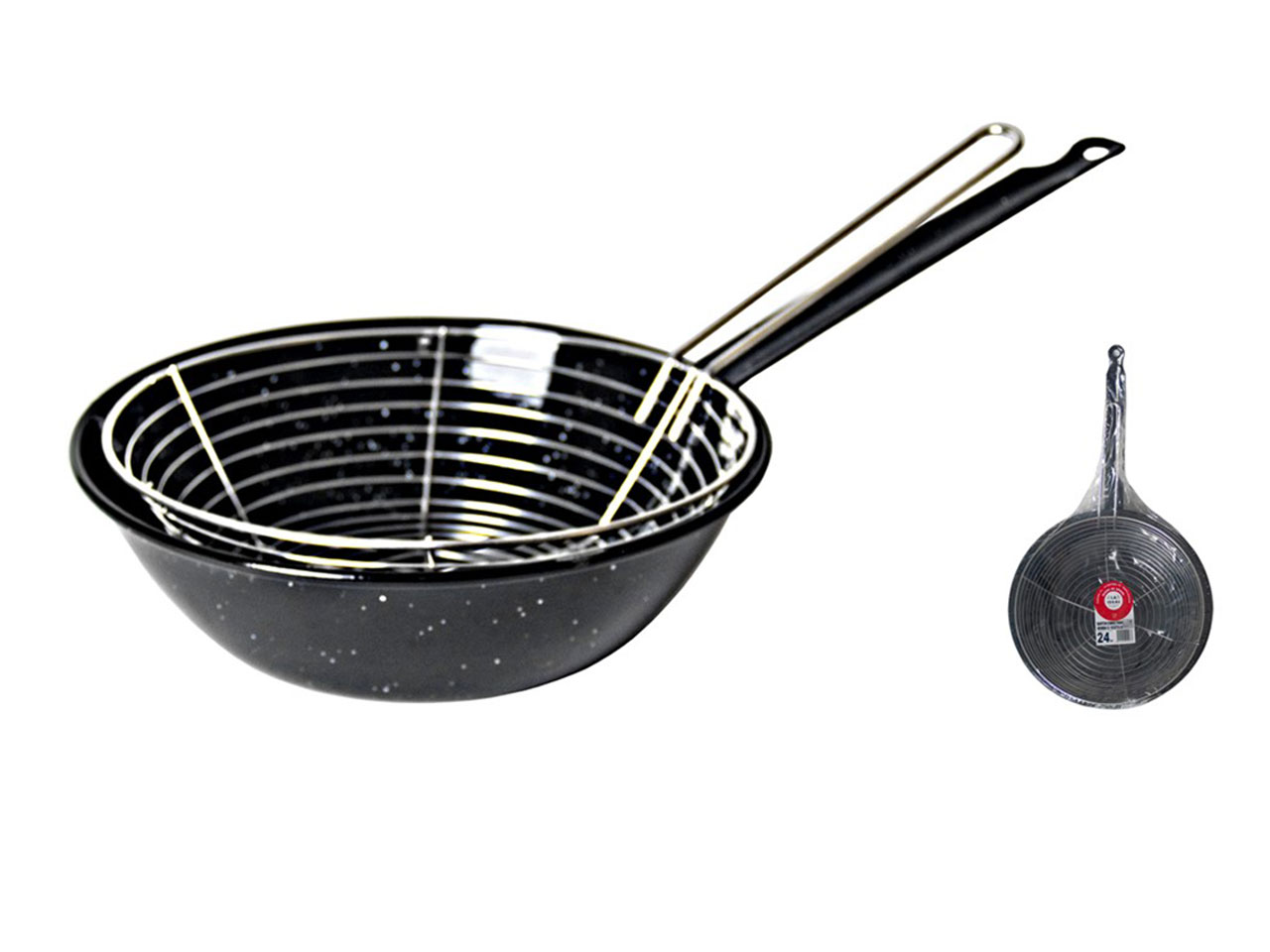 PADELLA SMALTATA CON MANICO E CESTELLO 28CM