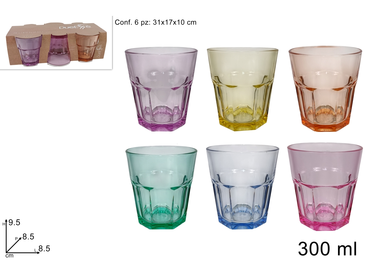 BICCHIERI VETRO 300ML 6PZ COLORATI DEV24007011