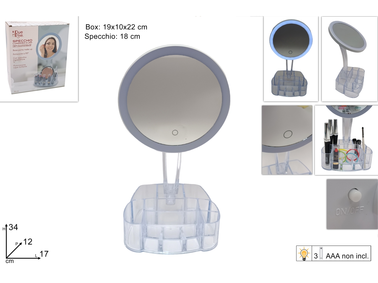 SPECCHIO LUMINOSO D.18CM C/BASE PORTA TRUCCHI SPECCHIO LUMINOSO D.18CM C/BASE PORTA TRUCCHI