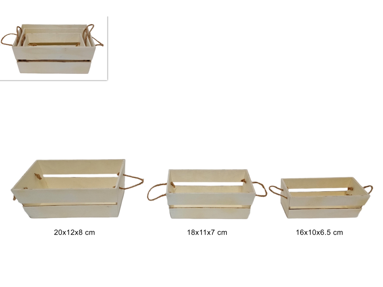 CASSETTE LEGNO RETT.SET 3 MISURE C/MANICO IN CORDA