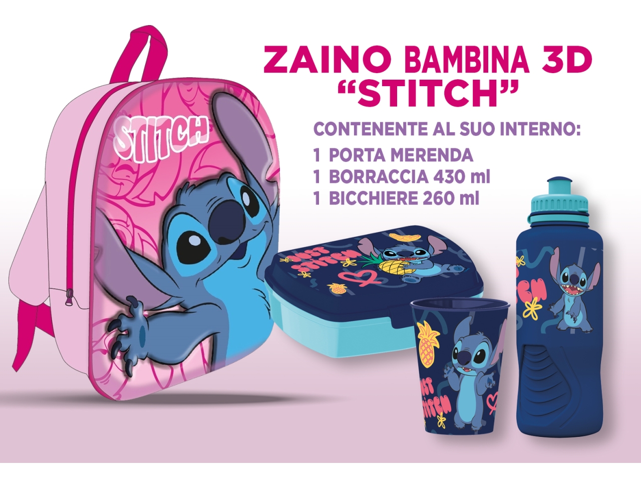 STITCH ZAINETTO BAMBINA 3D 30CM C/ACCESSORI VP083