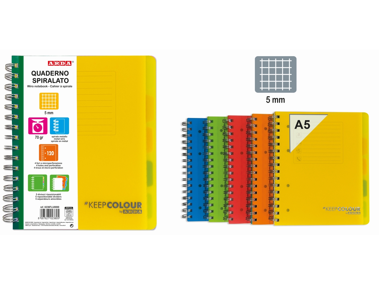 QUADERNO SPIRALATO A5 C/DIVISORI 5M 0236FLU0000