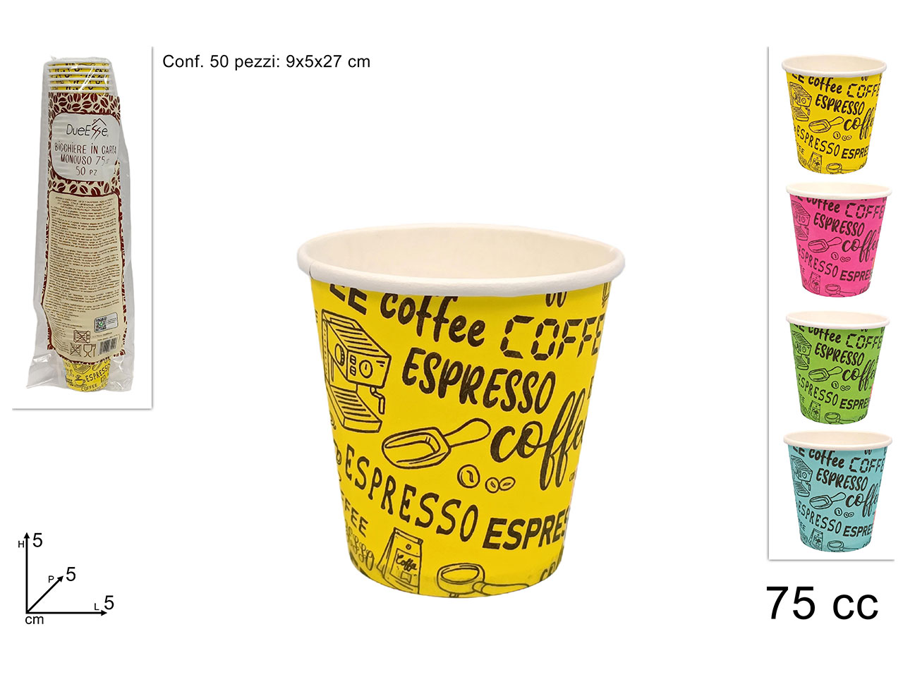 BICCHIERI CARTA CAFFE’ 75CC COLORATI 50PZ