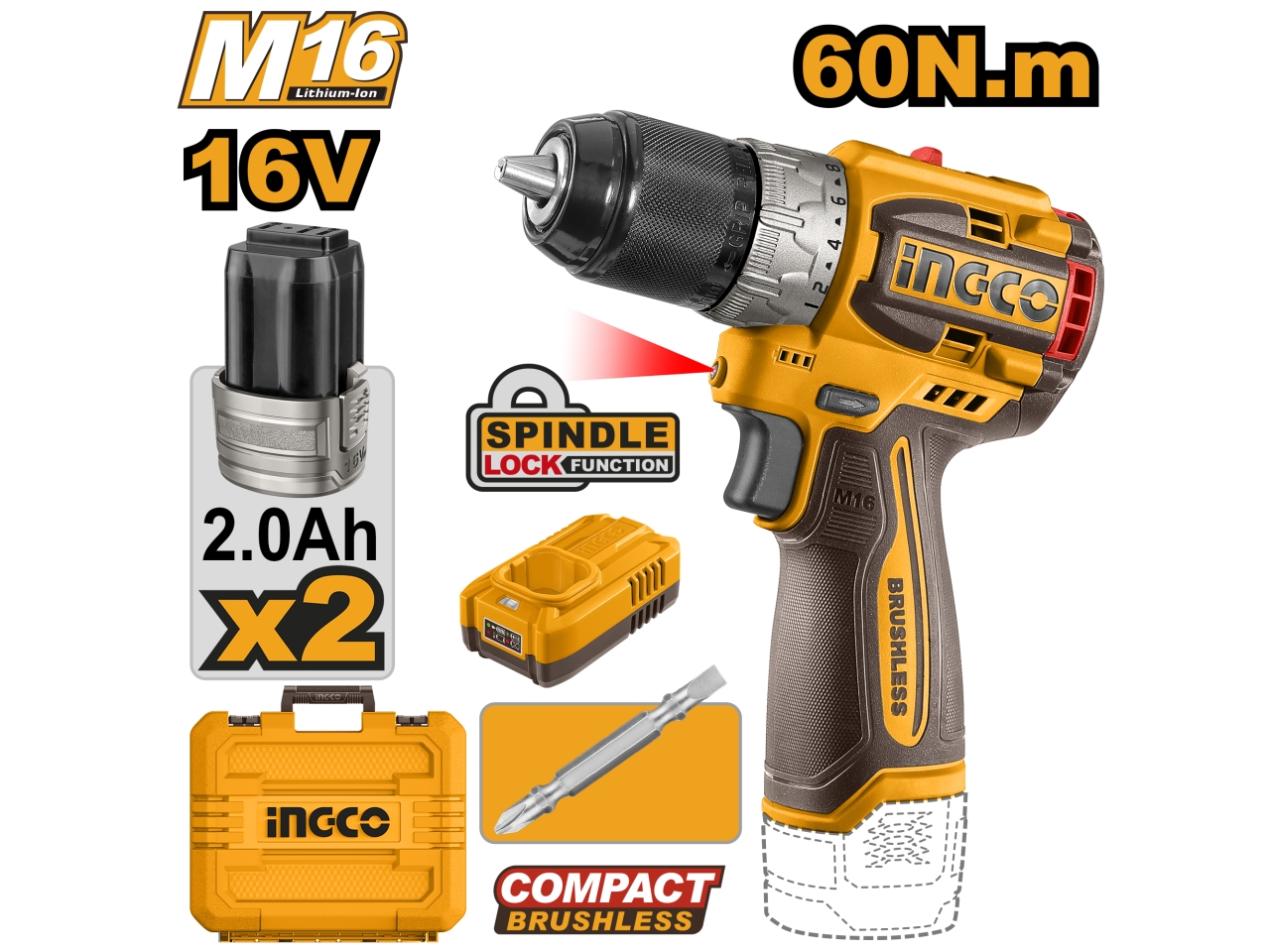 TRAPANO BRUSHLESS 60N.M 2 BATTERIE 16V CDLI16682