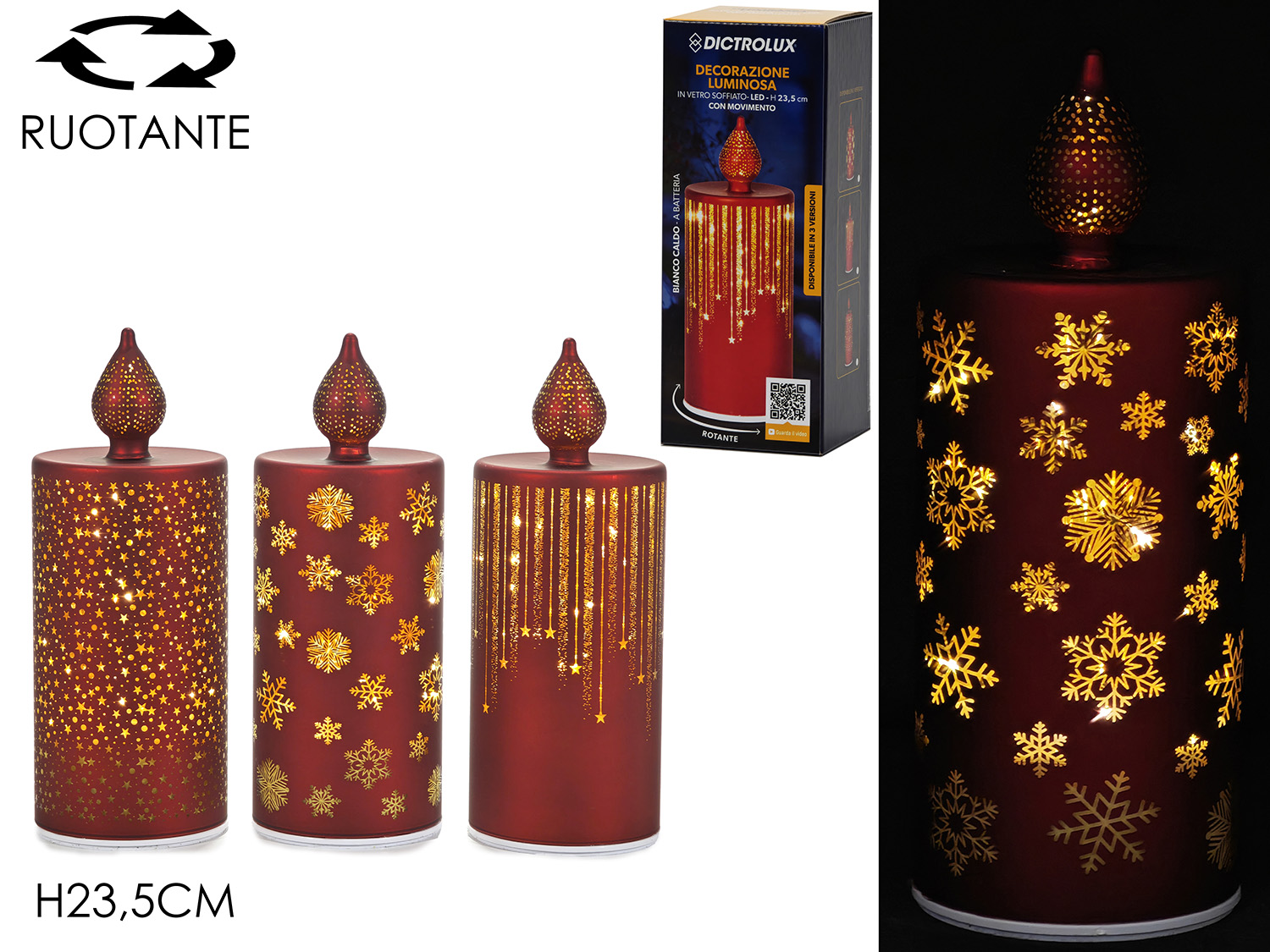 CANDELA 23,5CM C/LUCI/MOV. BATT. ROSSO 3ASS.480529