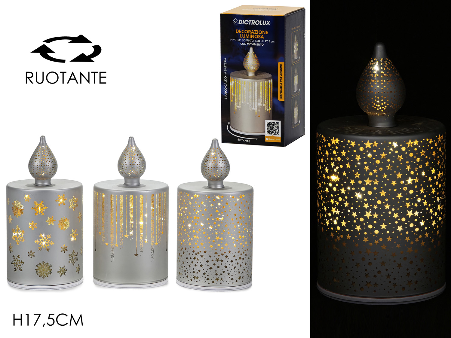 CANDELA 17,5CM C/LUCI/MOV.BATT. SILVER 3ASS.480530