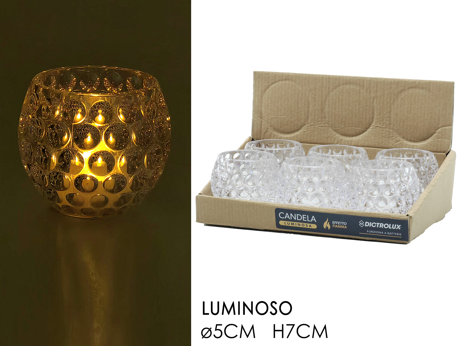 PORTA CANDELA 5XH.7CM C/LUCE A BATT.TRASP. 490273