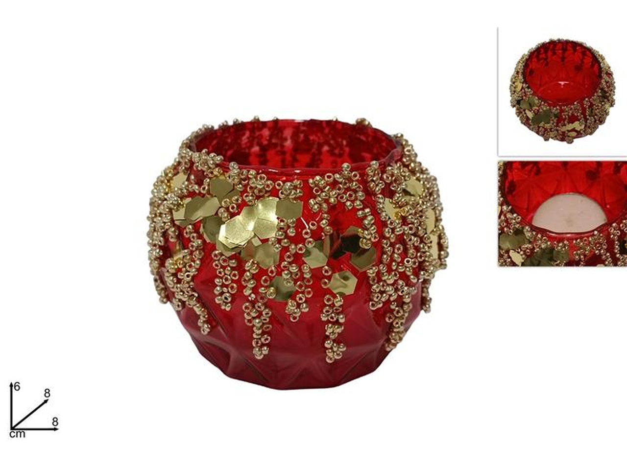 PORTA TEALIGHT VETRO C/PERLINE ROSSO XNA24011701 PORTA TEALIGHT VETRO C/PERLINE ROSSO XNA24011701