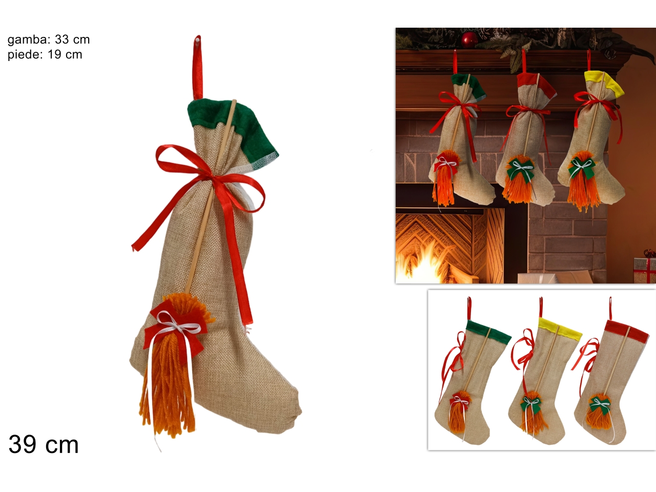 CALZA BEFANA JUTA 39CM C/SCOPA COL.ASS.