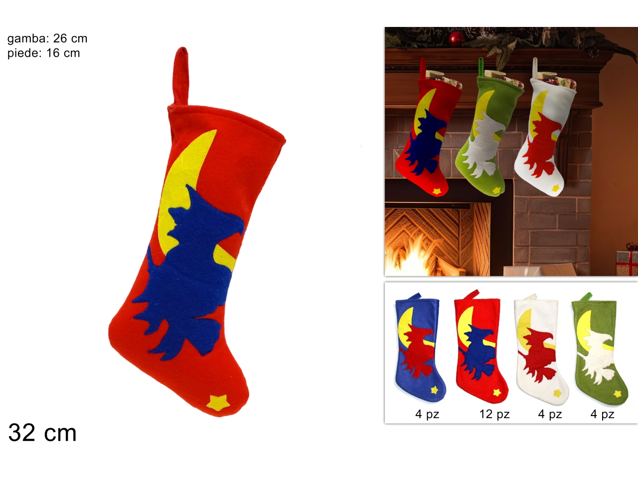 CALZA BEFANA C/STELLA E LUNA 32CM 4COL.