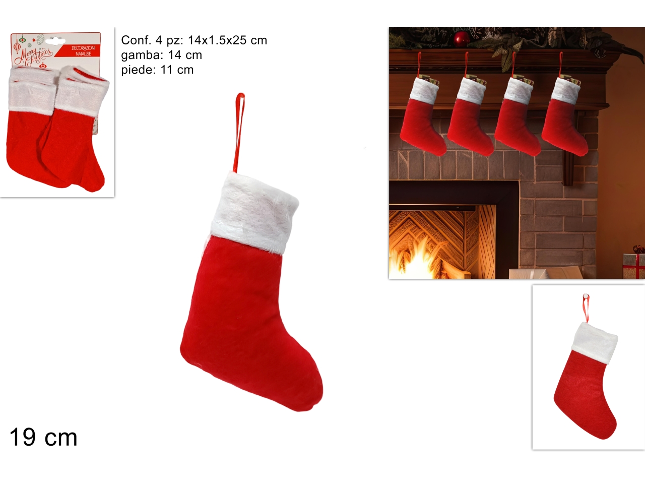 CALZA BABBO NATALE 19CM 4PZ ROSSO