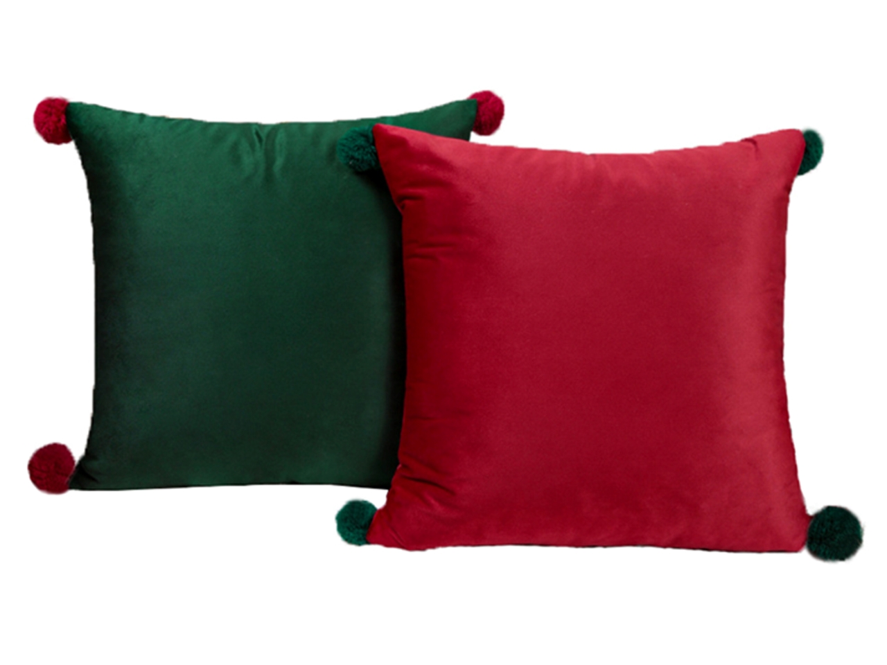CUSCINO 45X45CM IN VELLUTO C/POM POM ROSSO/VERDE CUSCINO 45X45CM IN VELLUTO C/POM POM ROSSO/VERDE