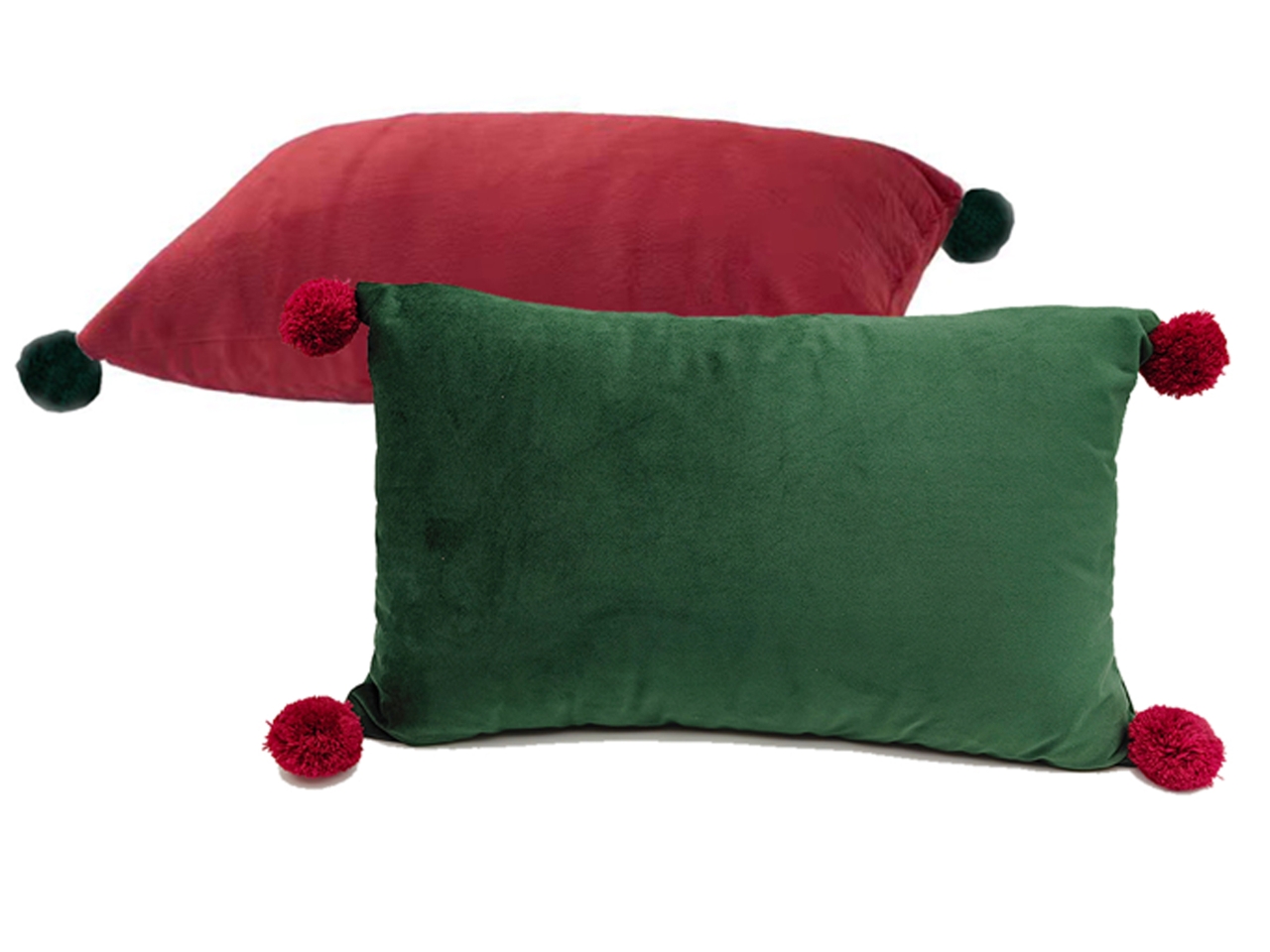 CUSCINO 35X50CM IN VELLUTO C/POM POM ROSSO/VERDE CUSCINO 35X50CM IN VELLUTO C/POM POM ROSSO/VERDE
