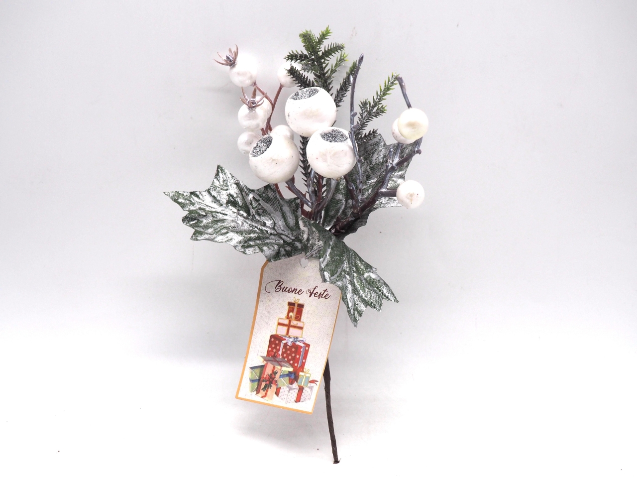 PICK 22,5CM C/FOGLIE E BACCHE FLOCCATE BIANCHE