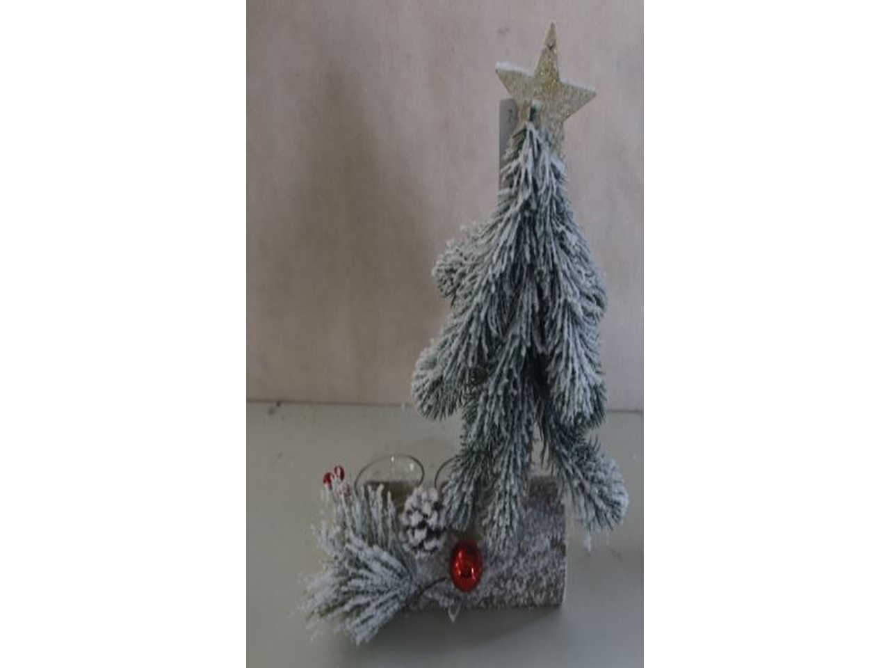 PORTACANDELA LEGNO 2POSTI C/ALBERO INNEVATO14X20CM