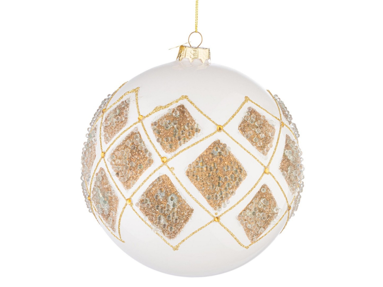 PALLA VETRO 15CM BIANCO C/ROMBI CHAMPAGNE 978568