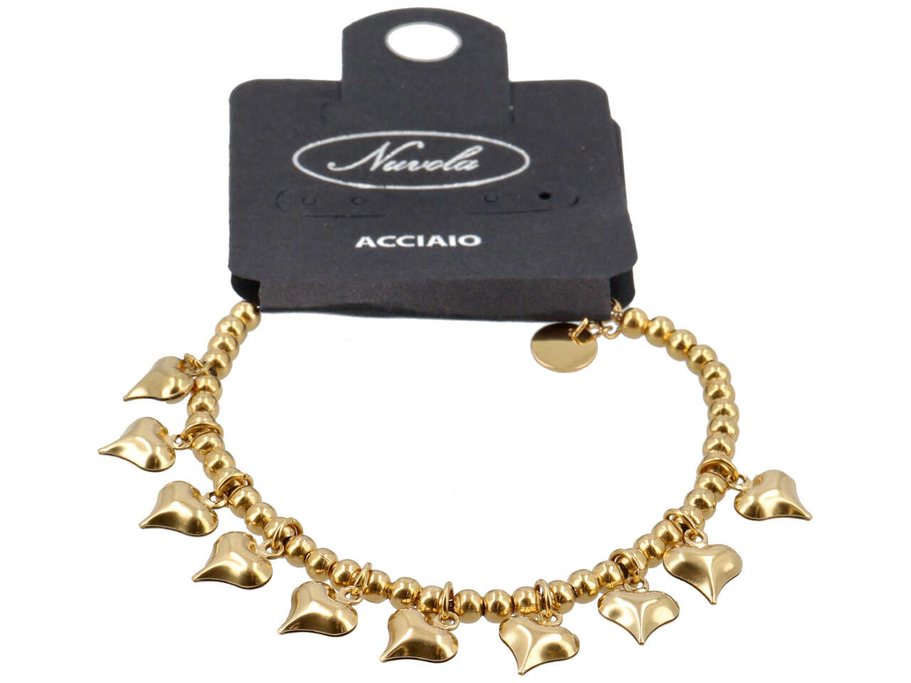 BRACCIALE CON SFERE 6MM 10 CUORI A SONAGLIO ORO BRACCIALE CON SFERE 6MM 10 CUORI A SONAGLIO ORO