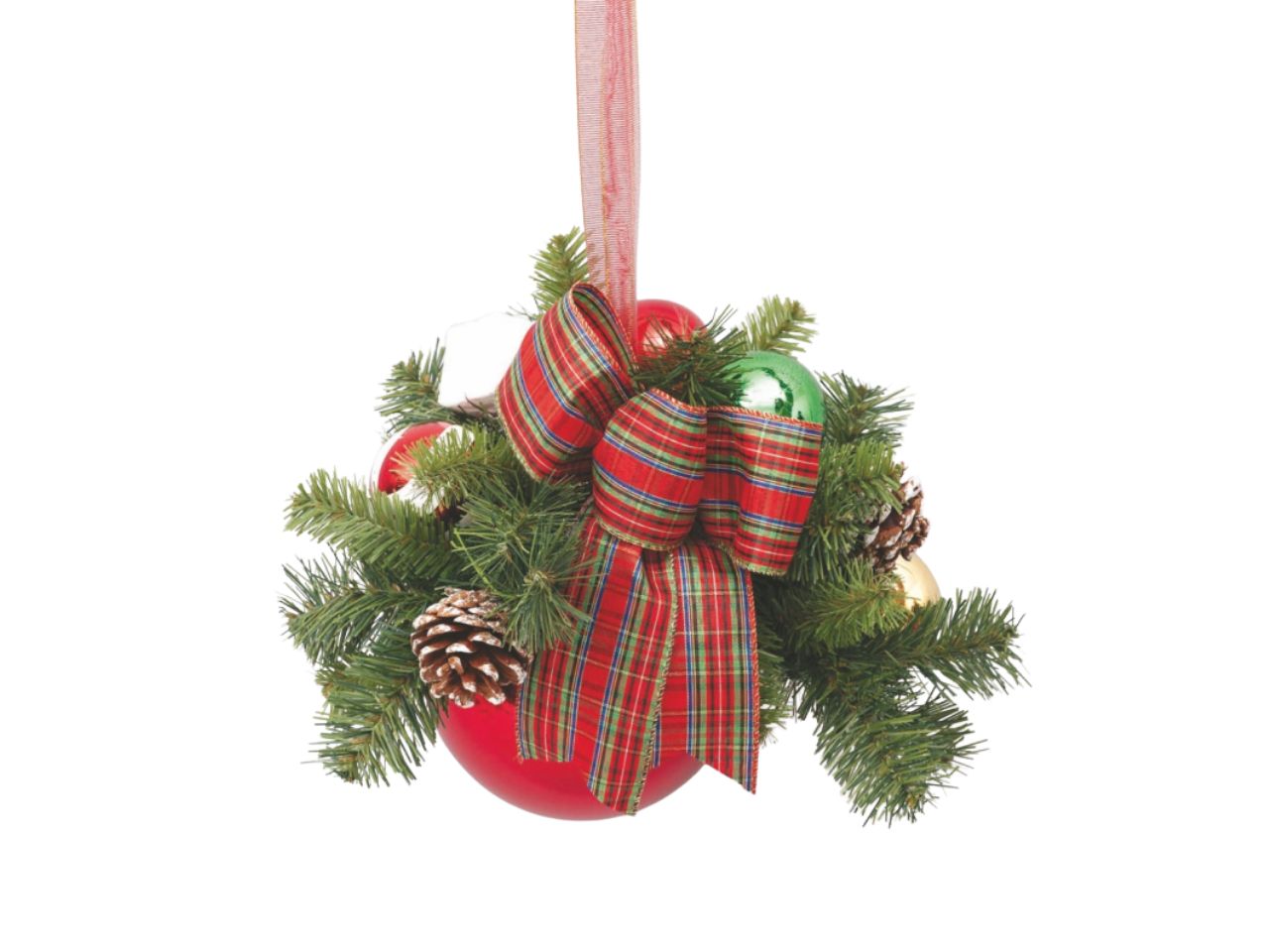 PALLA 15CM ROSSA C/NASTRO SCOZ. E BACCHE FL-90470