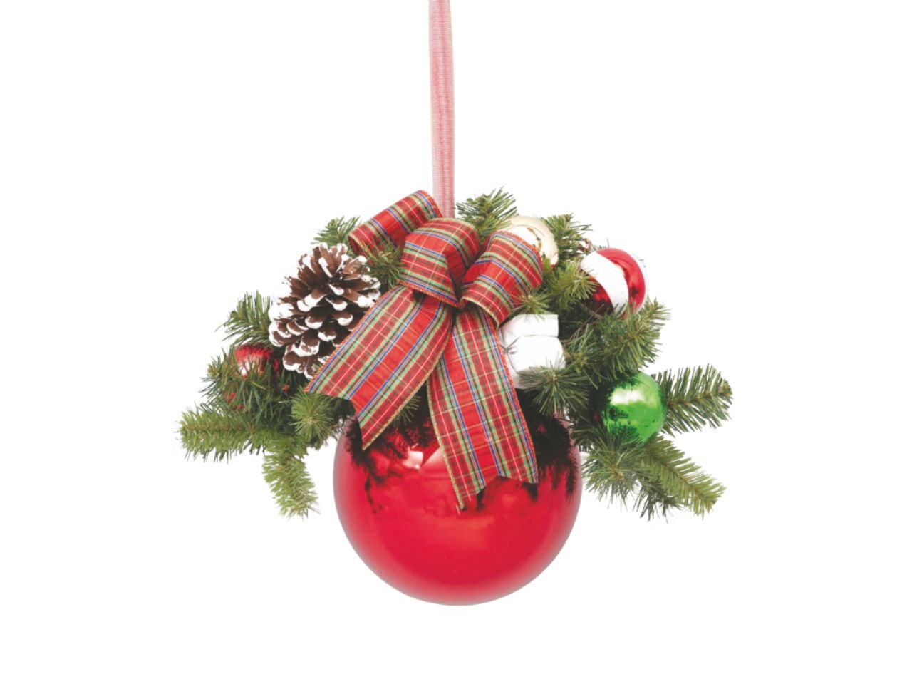 PALLA 20CM ROSSA C/NASTRO SCOZ. E BACCHE FL-90471