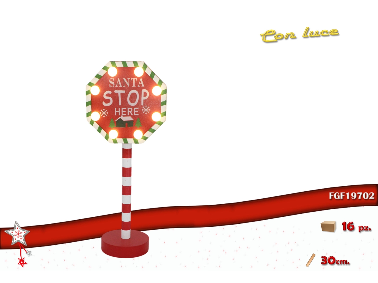 CARTELLO SANTA STOP HERE 30CM IN LEGNO E LED 19702