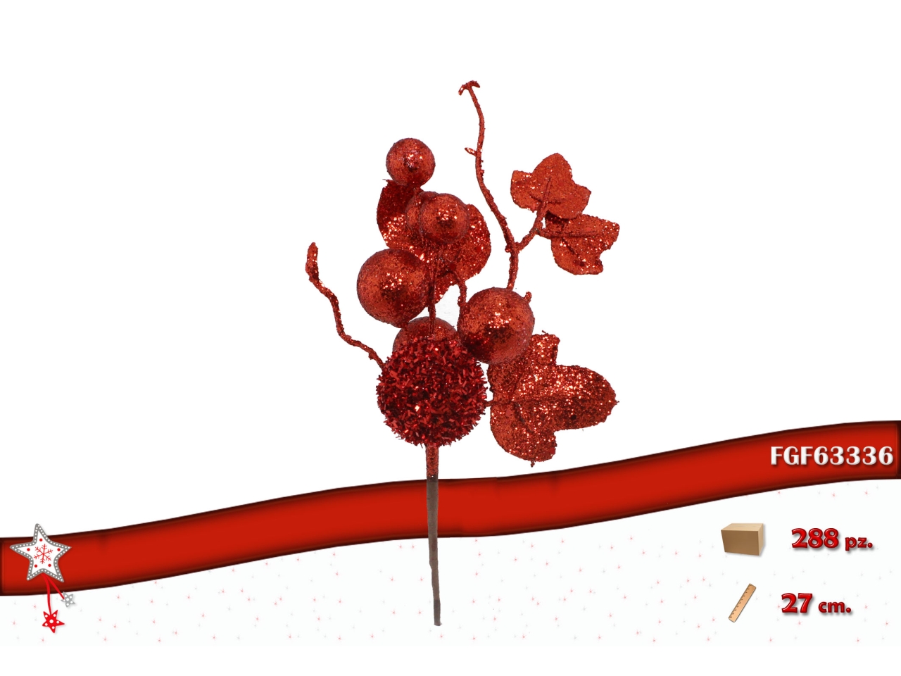 RAMO BACCHE 27CM GLITTERATO ROSSO 63336
