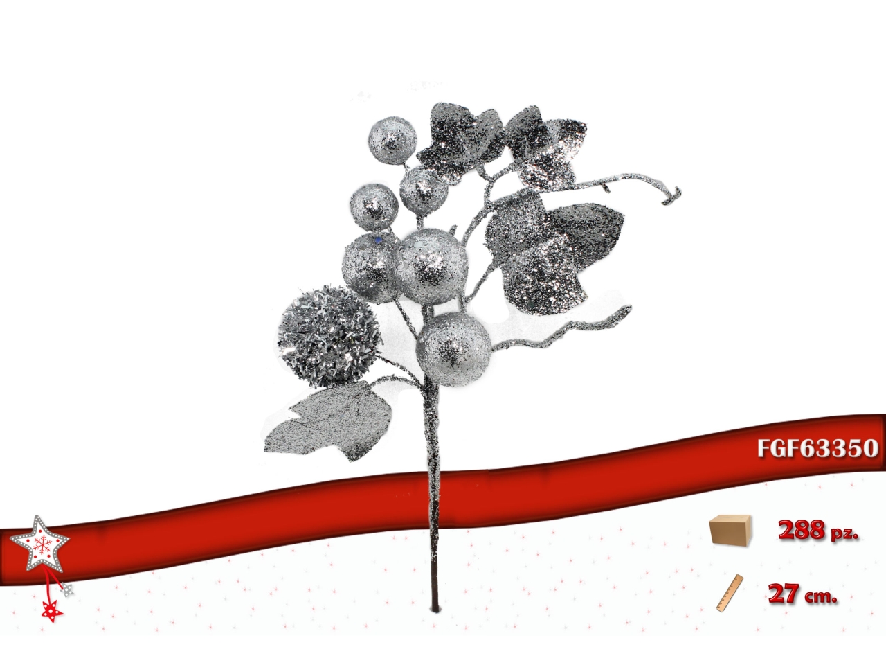 RAMO BACCHE 27CM GLITTERATO ARGENTO 63350