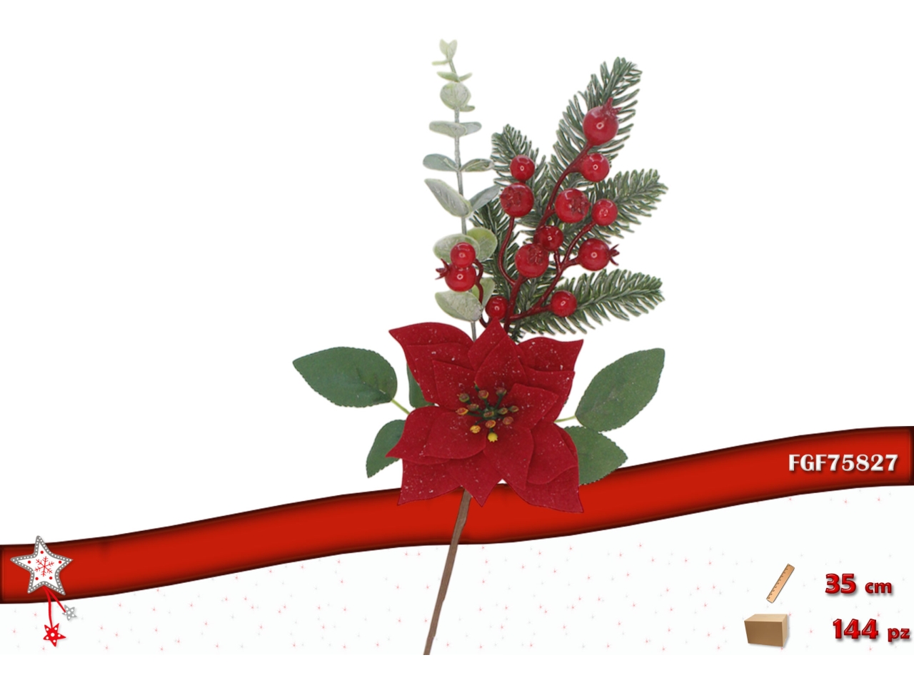 RAMO STELLA DI NATALE 35CM C/BACCHE ROSSE 75827