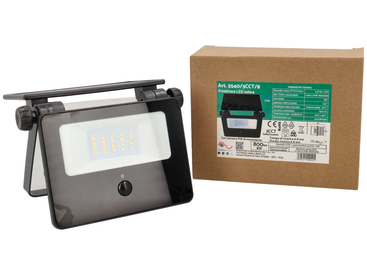 FARETTO SOLARE A LED 8W PIR 5540/3CCT/8