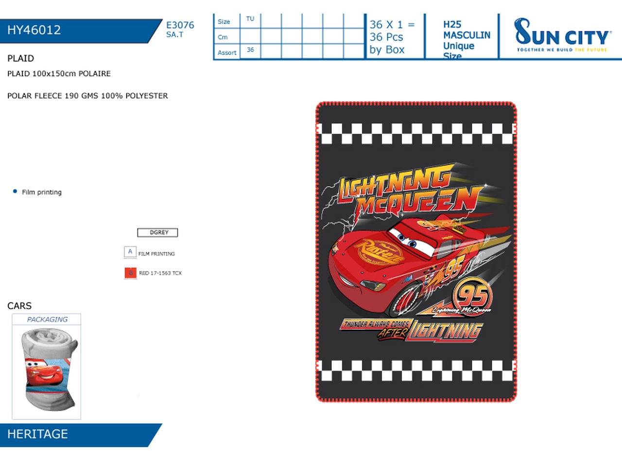 CARS PLAID 100X150CM HY46012