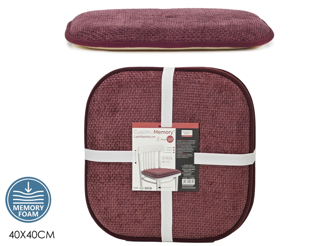 SET 2 CUSCINI 40X40CM MEMORY BORDEAUX 656502