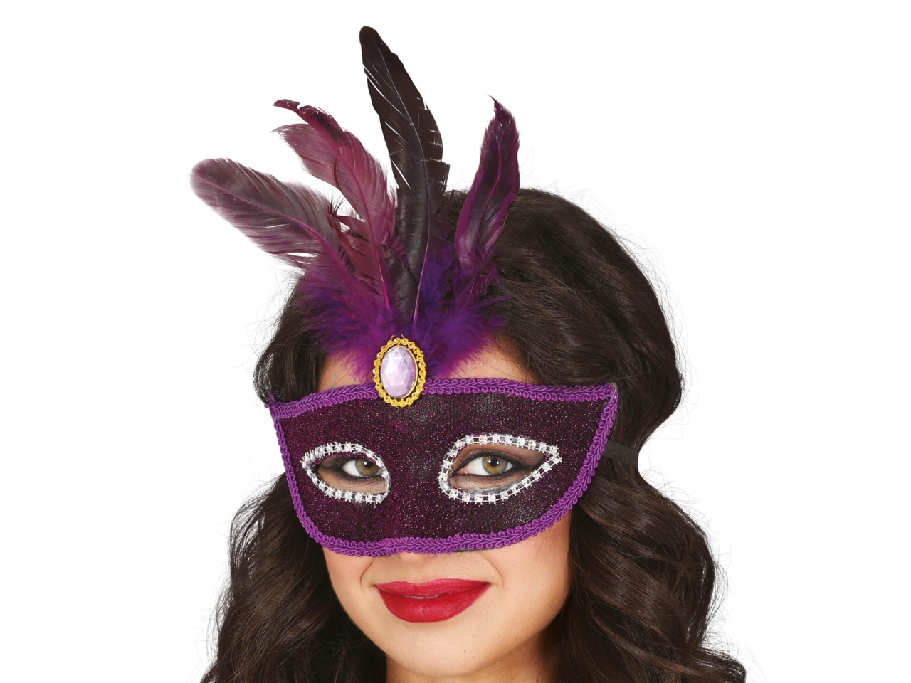 MASCHERINA VIOLA C/RUBINO E PIUME 12060