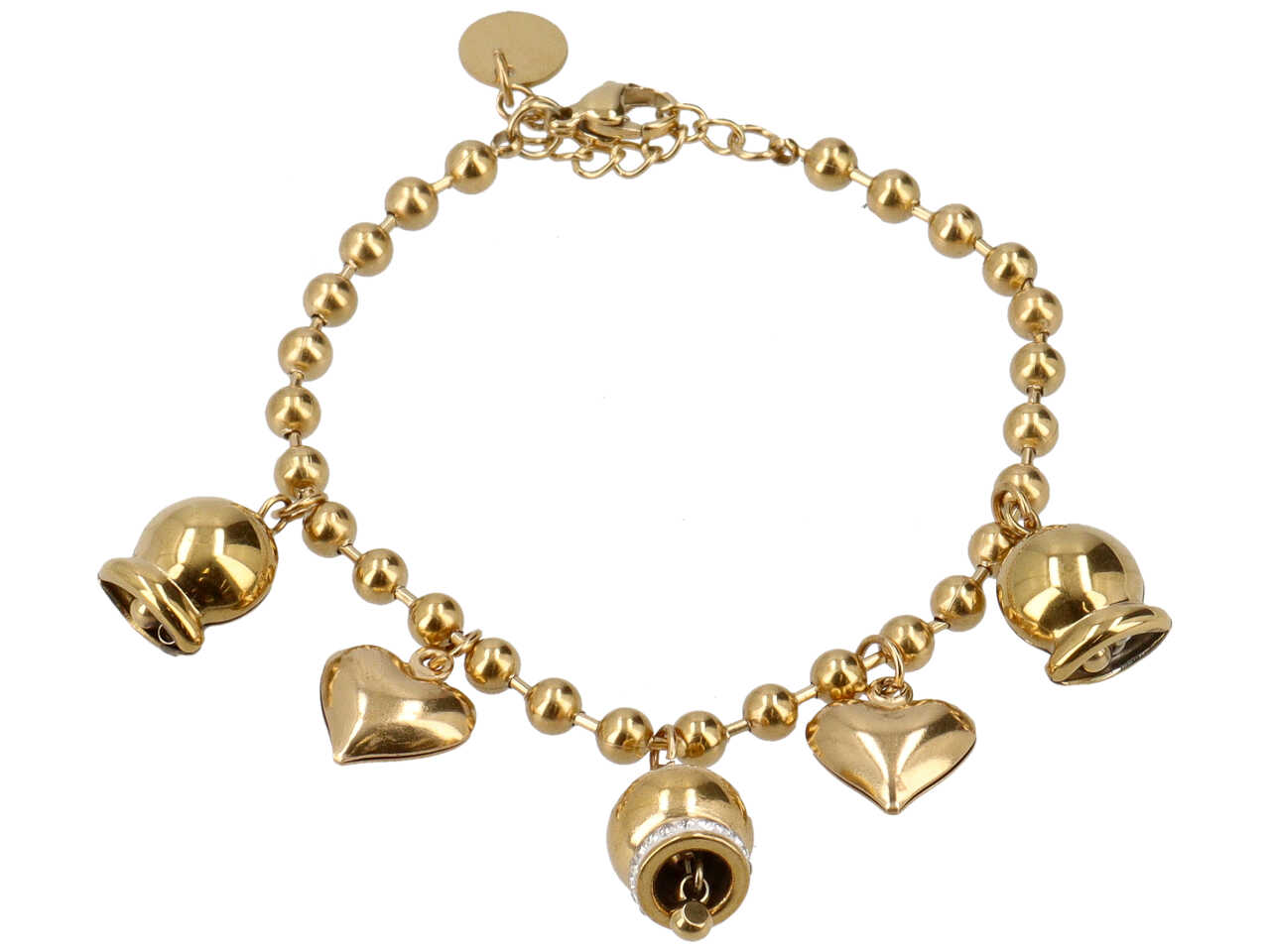 BRACCIALE SFERE 4MM C/CAMPANELLE E CUORI ORO BRACCIALE SFERE 4MM C/CAMPANELLE E CUORI ORO