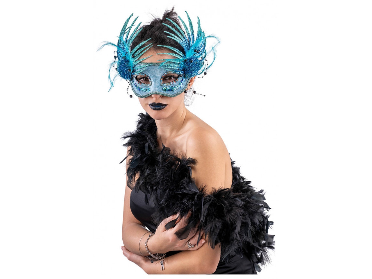 MASCHERA VELLUTO C/GLITTER E PIUME TURCHESE 00424