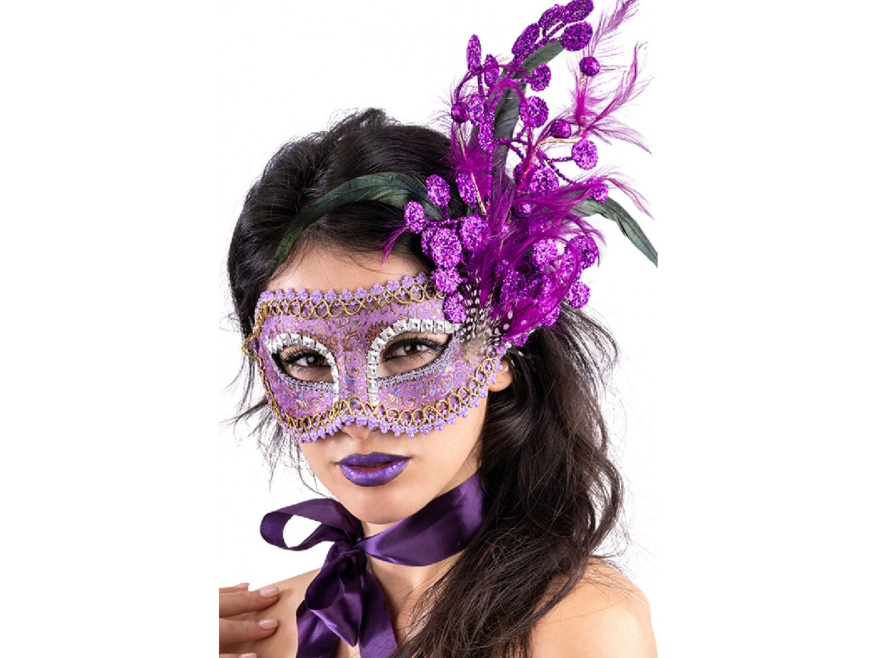 MASCHERA DAMASCATA C/GLITTER E PIUME VIOLA 00434