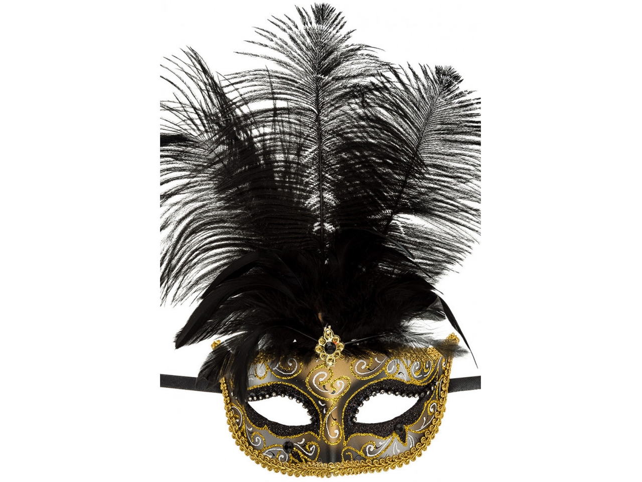 MASCHERA GLITTER NERO E ORO C/GEMME E PIUME 01335