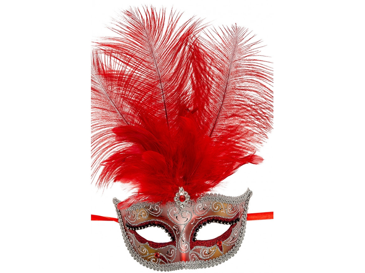 MASCHERA GLITTER ROSSA E ARG. C/GEMME E PIUME01336