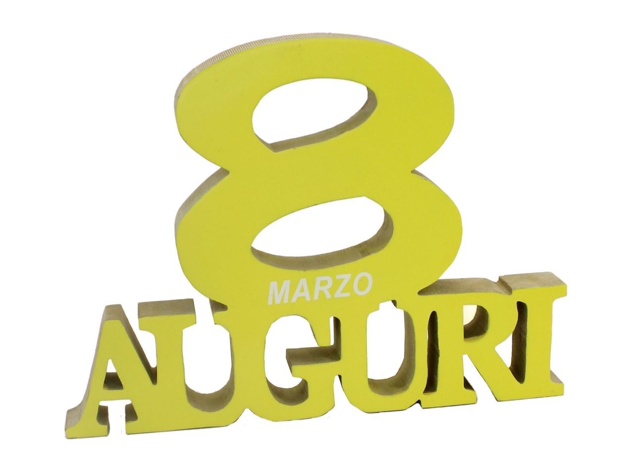 SCRITTA LEGNO 8 MARZO AUGURI 20X15CM GIALLA 95202