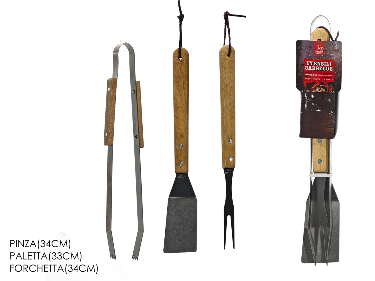 UTENSILI PER BARBECUE 3PZ C/MANICO LEGNO 727303
