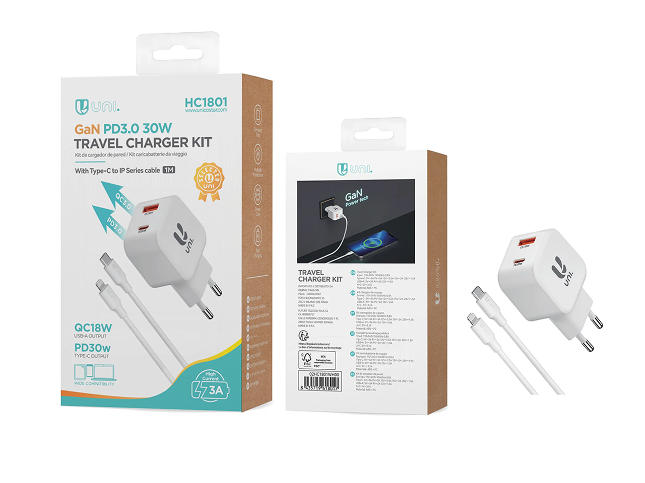 CARICATORE VIAGGIO TYPE-C CAVO TYPE-C A BIANCO